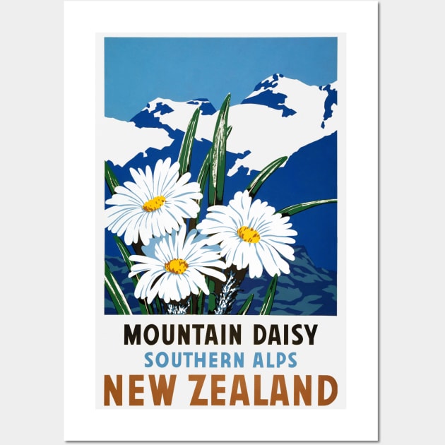 Vintage Travel Poster New Zealand Mountain Daisy Southern Alps Wall Art by vintagetreasure